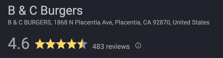 Google listing for B&C Burgers showing 4.6 stars and 483 reviews