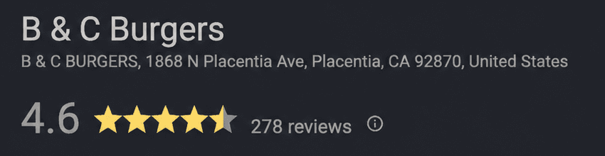 Google listing for B&C Burgers showing 4.6 stars and 278 reviews