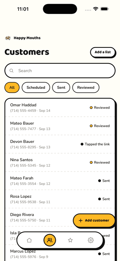 Happy Mouths app. Customers: who got a review text and who reviewed