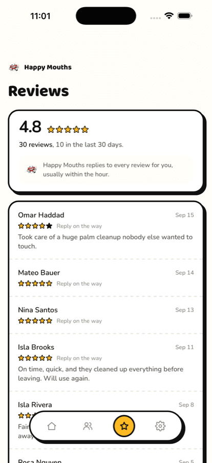 Happy Mouths app. Reviews: every Google review with the reply on the way