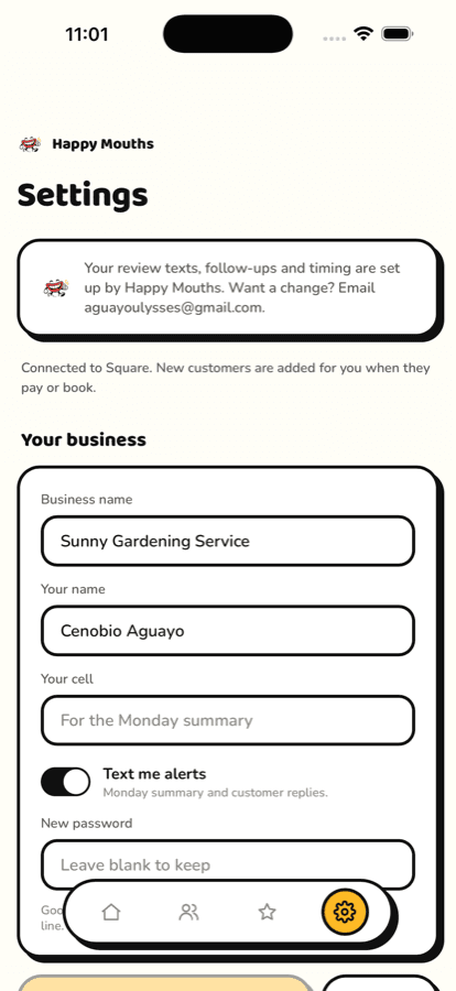 Happy Mouths app. Settings: business name, alerts and connections