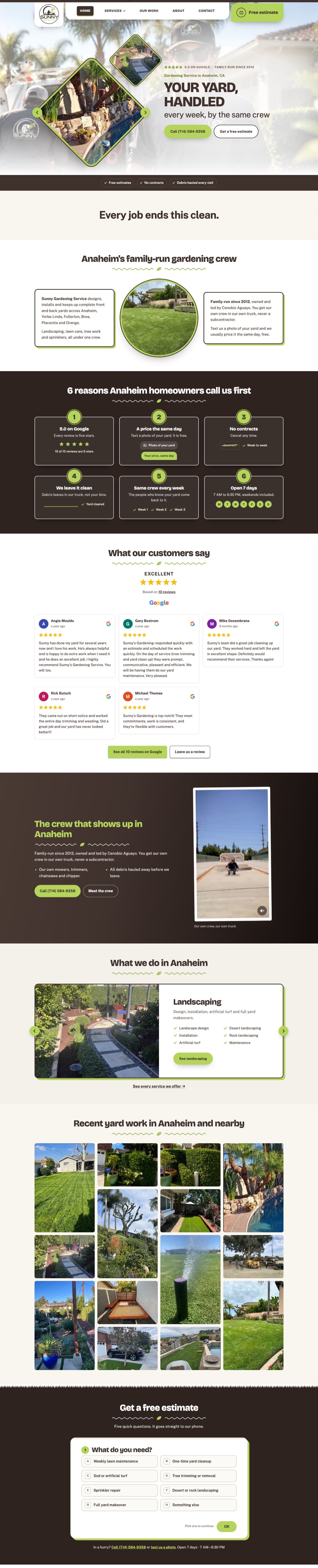 The Sunny Gardening Service website, scrolling from the top of the home page to the estimate form